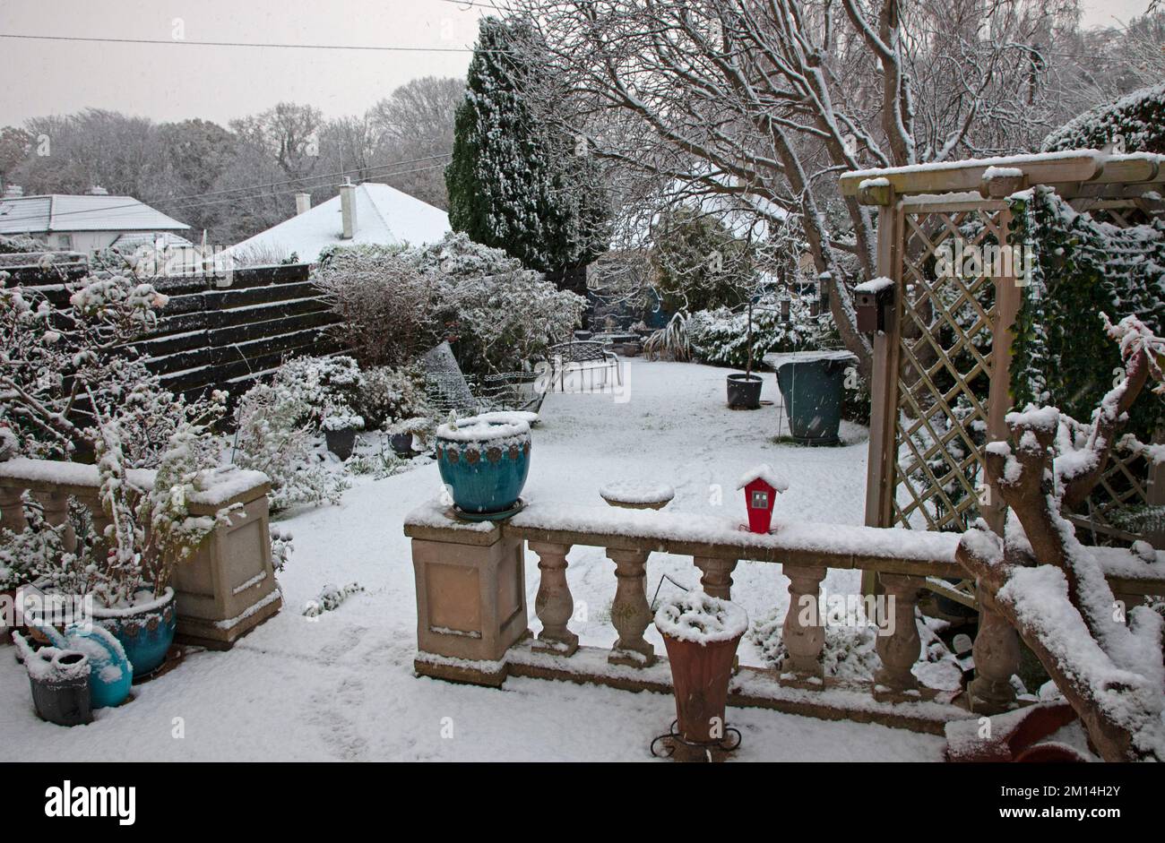 Duddingston, Edimburgo, Scozia, Regno Unito. Forte nevicata poco prima del 9am a Edimburgo con più previsioni insieme a condizioni ghiacciate.Pictured: Un giardino domestico coperto di neve nella zona di Duddingston. Temperatura 0 gradi centigradi. Credit: Archwhite/alamy live news. Foto Stock