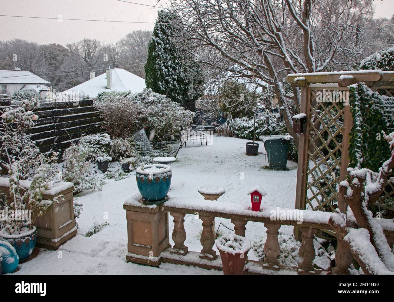 Duddingston, Edimburgo, Scozia, Regno Unito. Forte nevicata poco prima del 9am a Edimburgo con più previsioni insieme a condizioni ghiacciate.Pictured: Un giardino domestico coperto di neve nella zona di Duddingston. Temperatura 0 gradi centigradi. Credit: Archwhite/alamy live news. Foto Stock