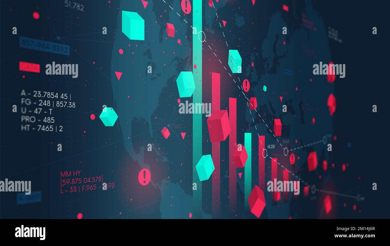 Analisi dei big data finanziari e infografica aziendale, analisi e grafici degli investimenti e del commercio, colonne, crisi dell'economia globale, schermo di monitoraggio Foto Stock