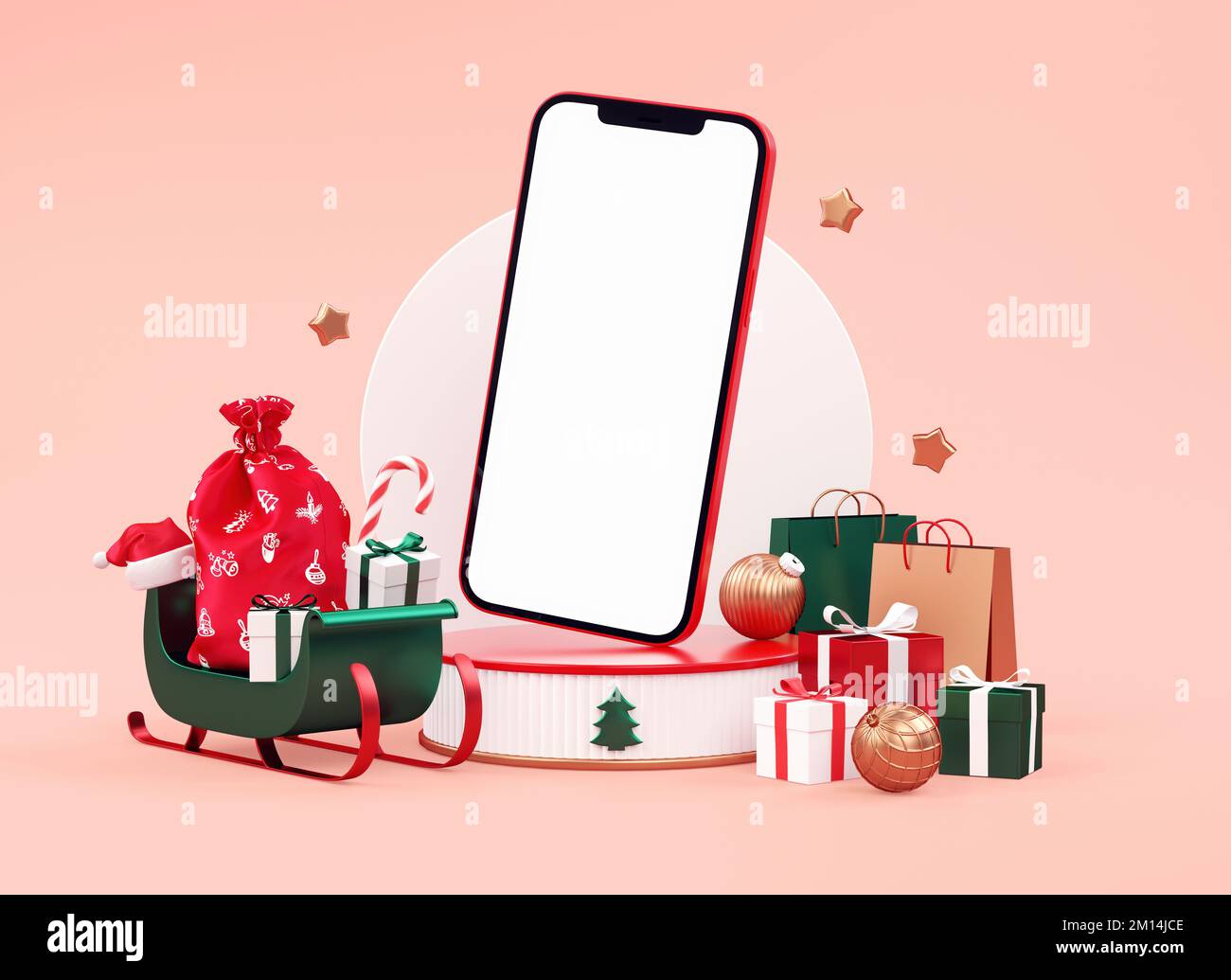 Buon Natale banner festivo con il telefono cellulare mockup schermo vuoto e decorazione vacanza su uno sfondo crema in 3D illustrazione. Flye promozionale Foto Stock