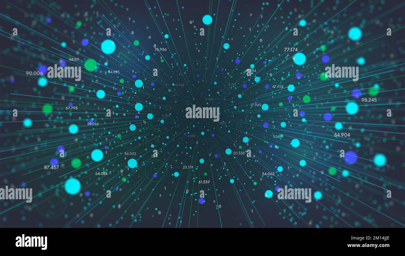 Metodo futuristico di analisi e smistamento di grandi database, visualizzazione del flusso di informazioni digitali, analisi tecnologica della rete di streaming mondiale Foto Stock