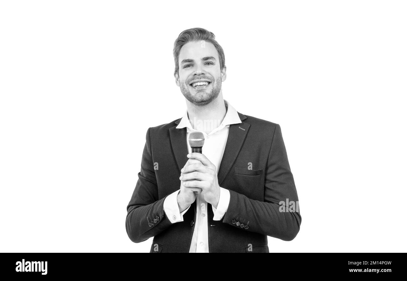 Lavora come anchorman. Happy anchorman isolato su bianco. Gli uomini d'affari parlano al microfono Foto Stock