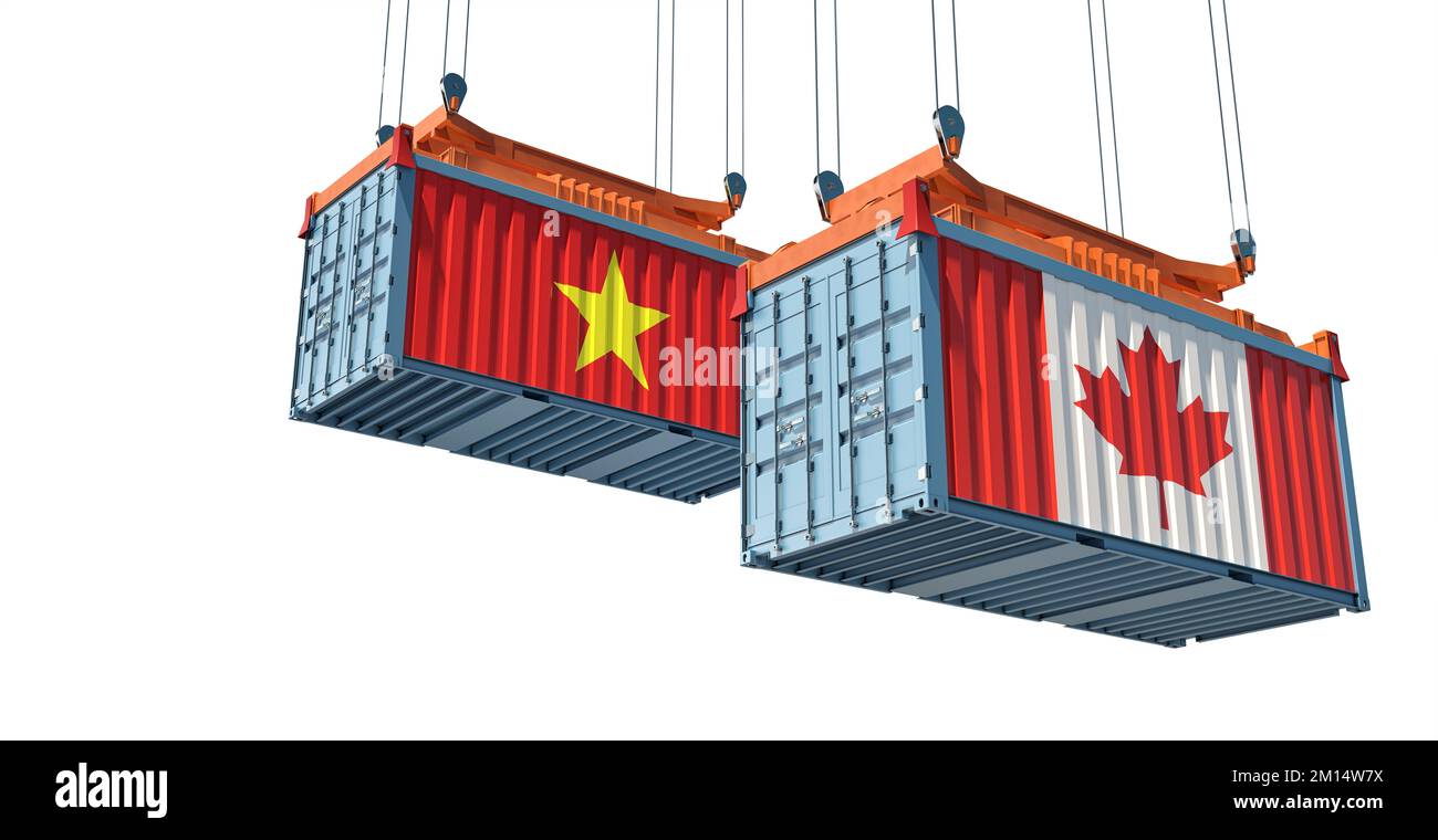 Container da carico con bandiere nazionali del Canada e del Vietnam. Rendering 3D Foto Stock