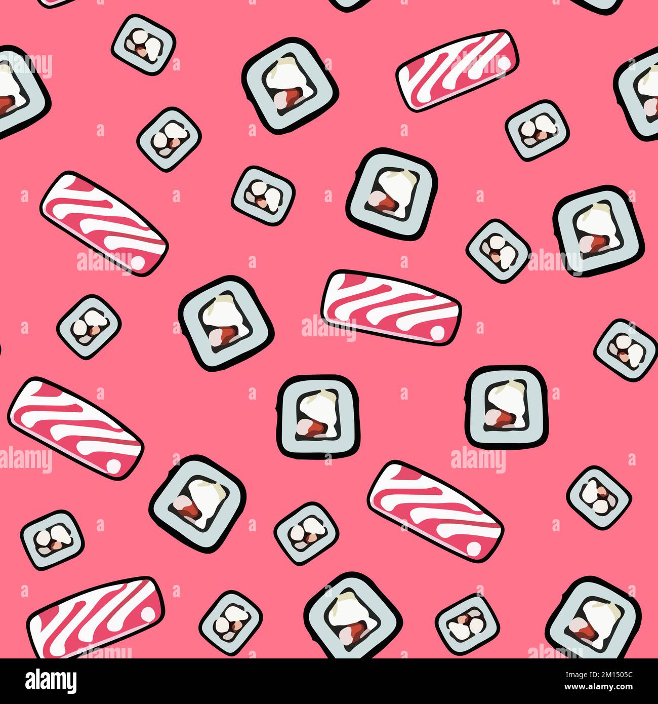 Motivo di sushi vettoriale senza cuciture su rosa. Illustrazione Vettoriale