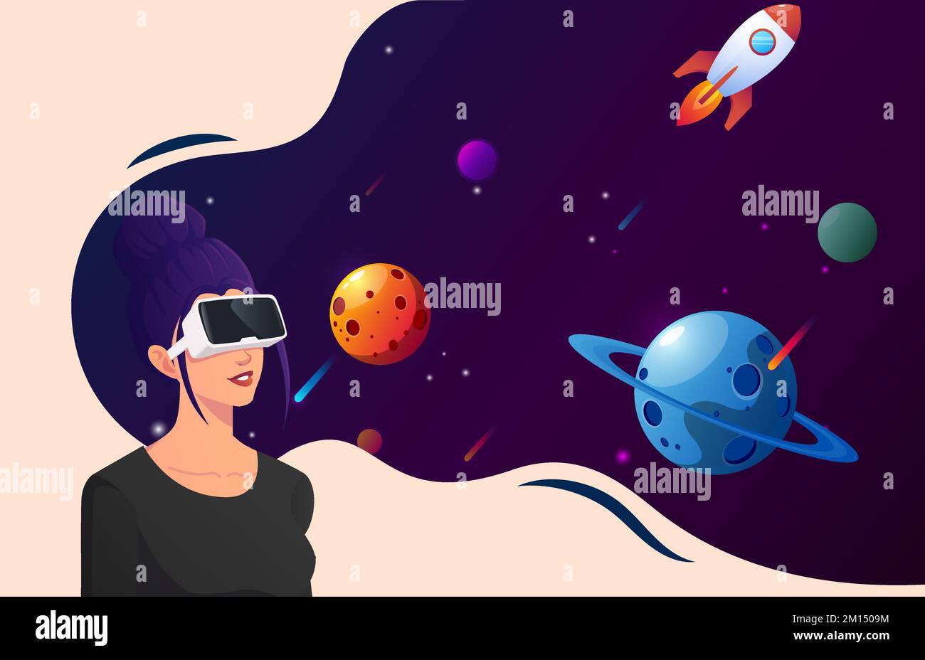 Donna che indossa occhiali per realtà virtuale con un'illustrazione vettoriale Cosmic Space View Illustrazione Vettoriale