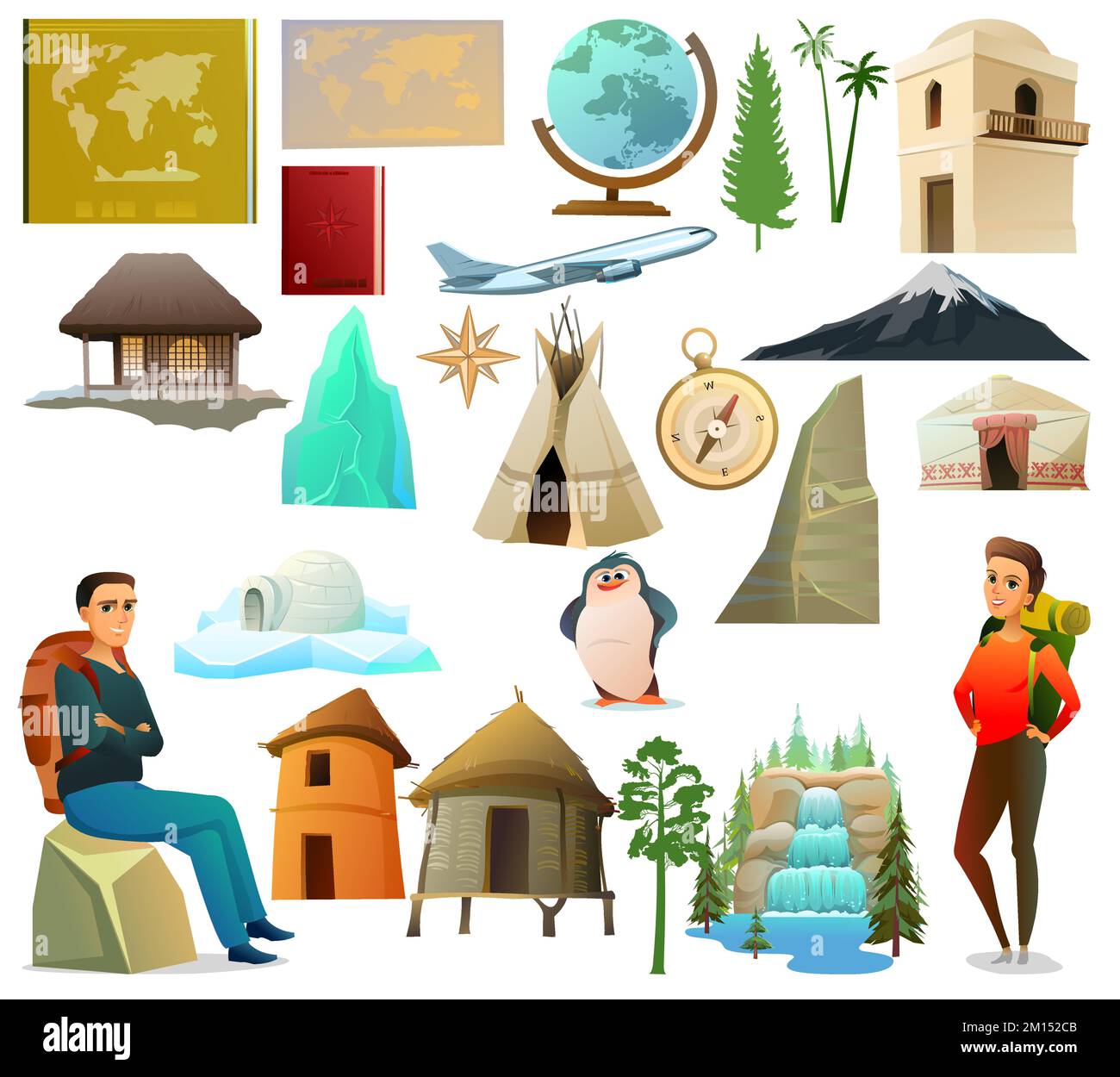 Set World Geography Objects.Travel oggetti e piante alberi delle zone climatiche. Abitazioni di diversi popoli di paesi. Isolato su sfondo bianco Illustrazione Vettoriale