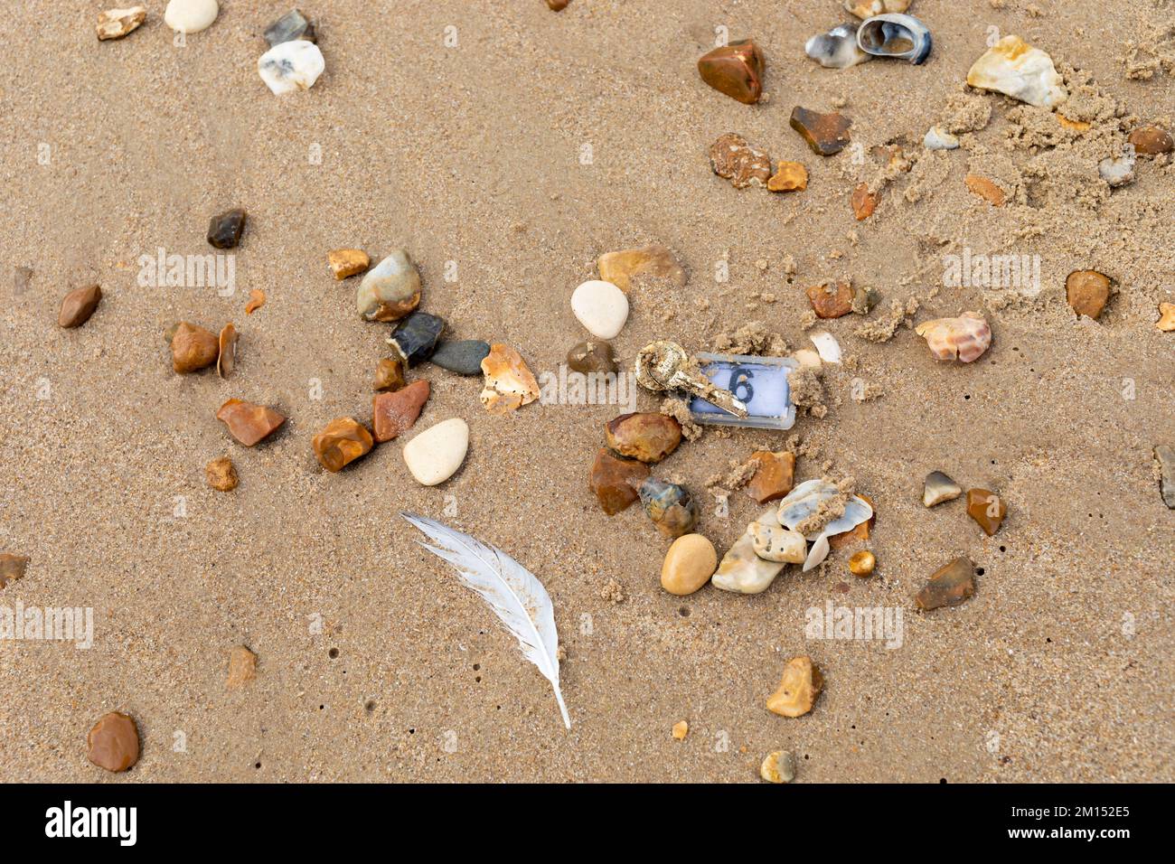 Una chiave smarrita su una spiaggia sabbiosa con pietre, conchiglie e una piuma di gabbiano. Bournemouth, Inghilterra, Regno Unito. Foto Stock