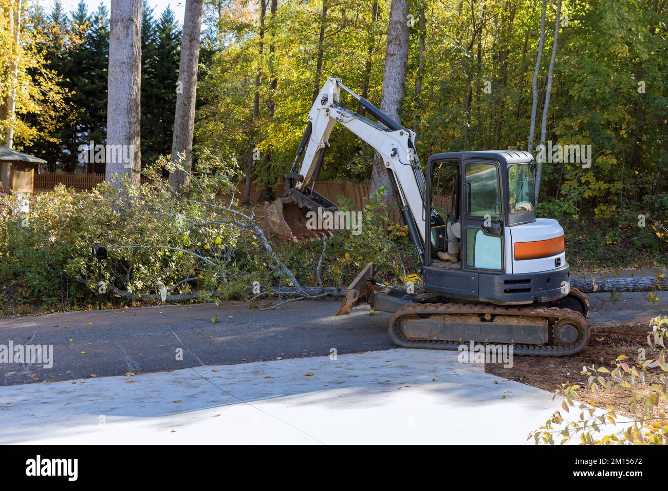 Durante il tornado, gli alberi sono stati sradicati e caduti in strada, richiedendo la pulizia del trattore. Foto Stock