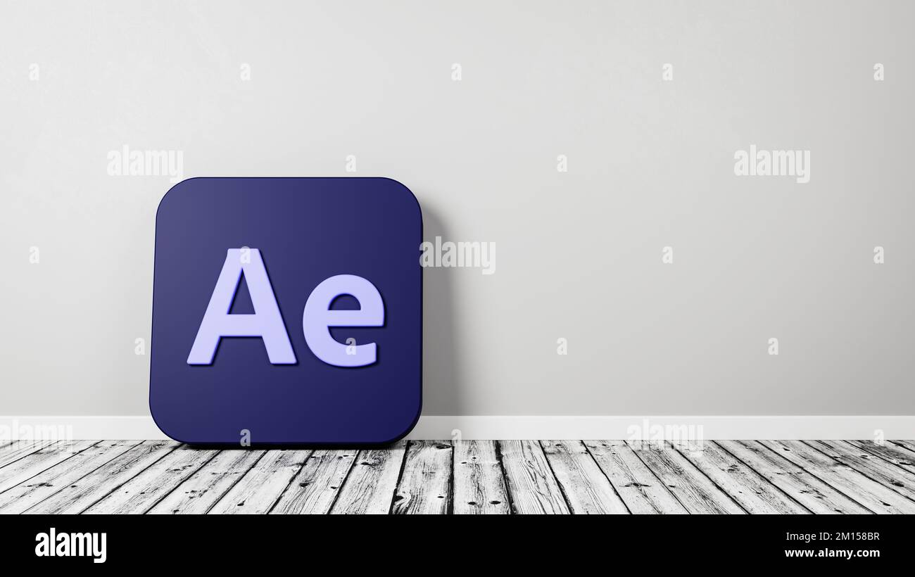 Icona dell'app After Effects di Adobe su parquet contro parete Foto Stock