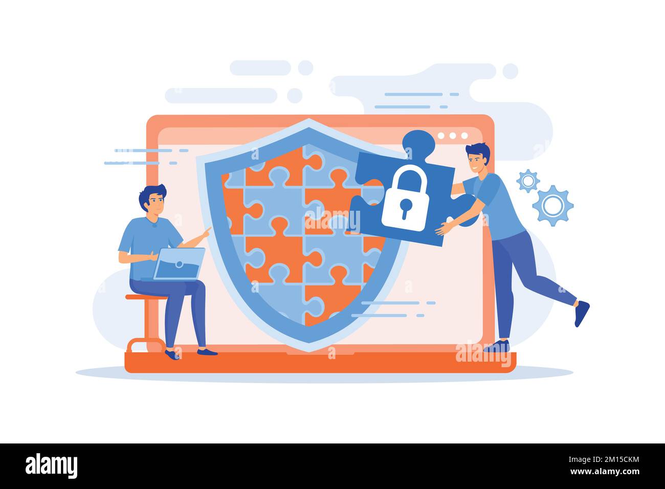 Programmatore con sistema di schermatura jigsaw che monitora il traffico di rete. Concetto di firewall, sistema di sicurezza di rete e firewall di rete su sfondo bianco. f Illustrazione Vettoriale