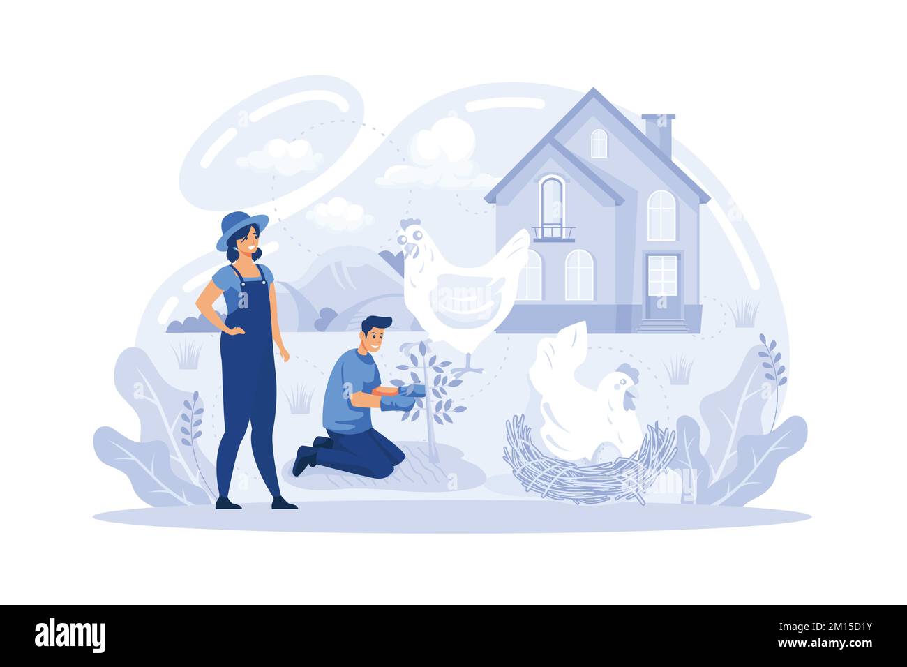 Agricoltura ecologica. Agricoltura naturale, galline e uova a funzionamento libero, carne di manzo nutrita con erba, agricoltura sostenibile, etichettatura degli alimenti, illustratio moderno a vettore piatto Illustrazione Vettoriale