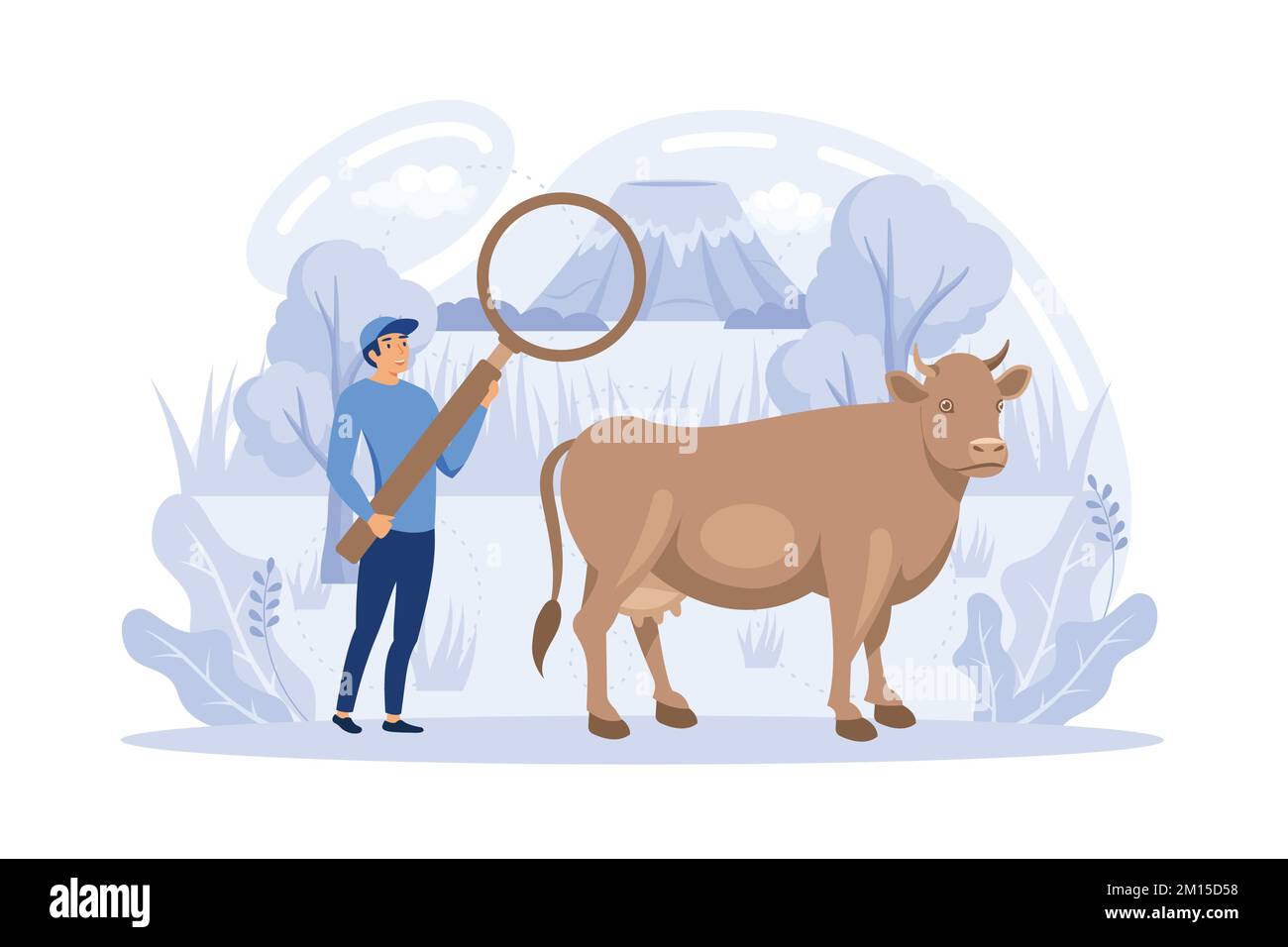 Agricoltura ecologica. Agricoltura naturale, galline e uova a funzionamento libero, carne di manzo nutrita con erba, agricoltura sostenibile, etichettatura degli alimenti, illustratio moderno a vettore piatto Illustrazione Vettoriale