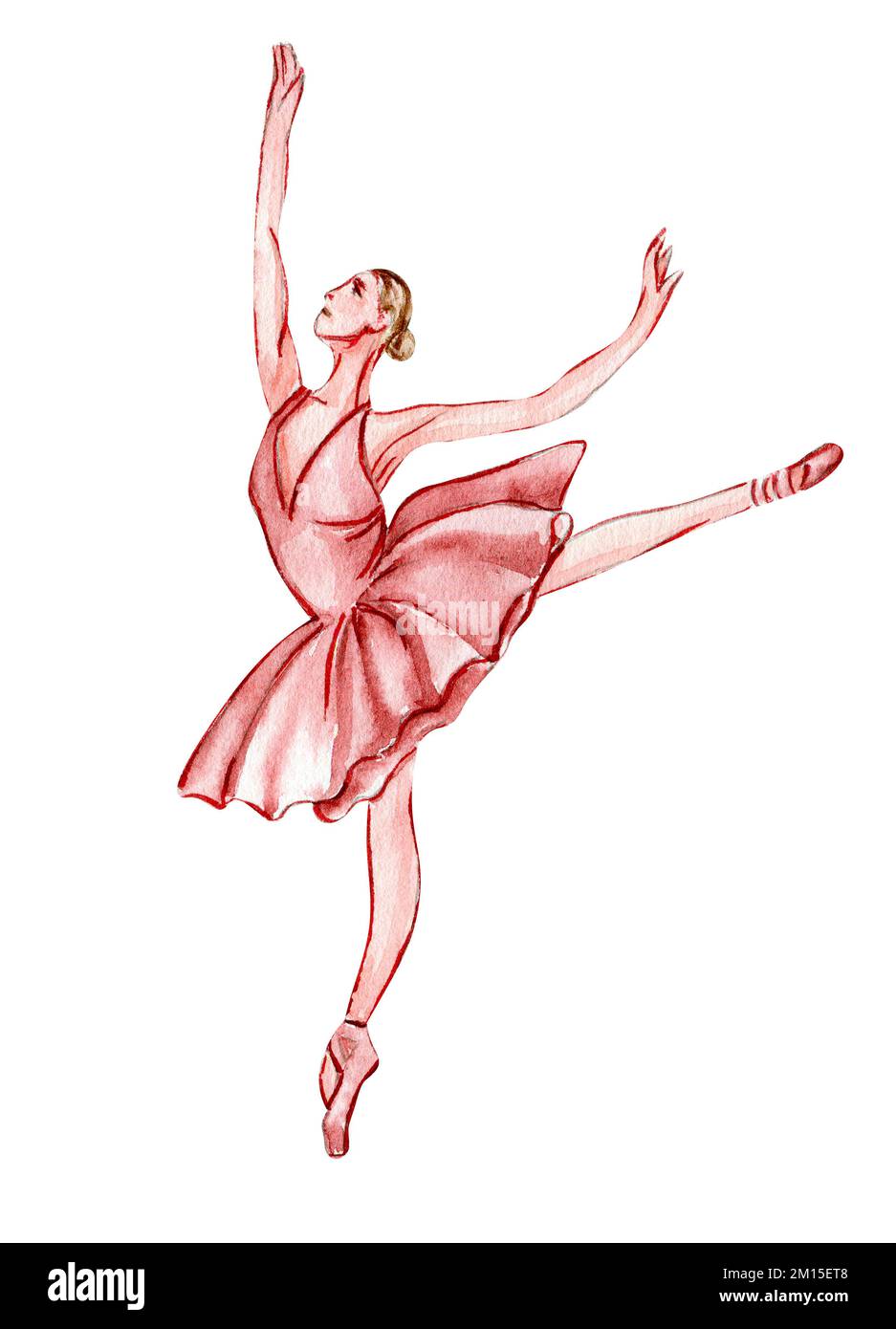 Ballerina acquerello in abito rosa. Ballerina isolata. Balletto classico disegnato a mano, posa. Giovane donna bella ballerina Foto Stock