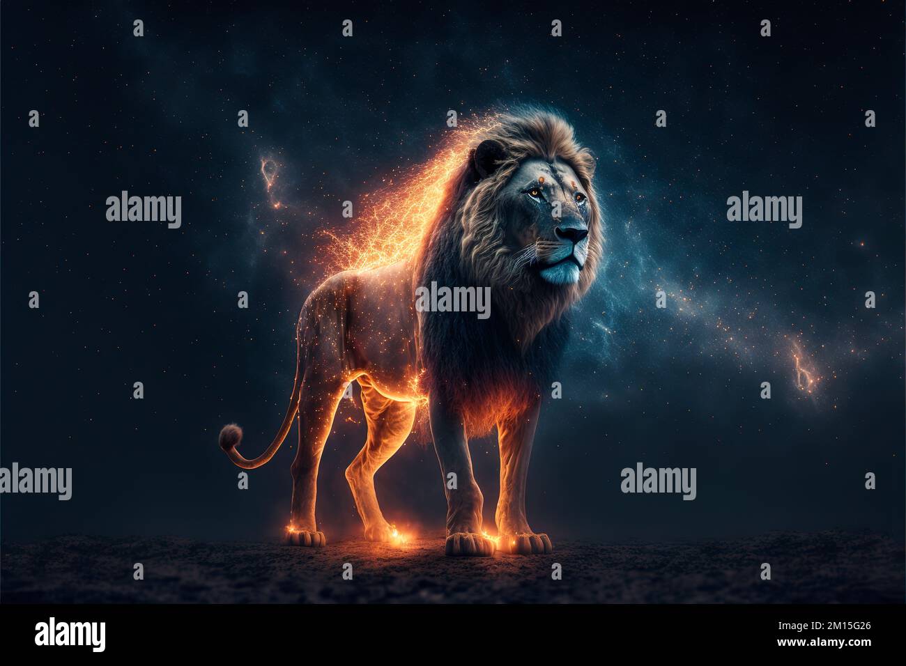 Fantastico leone sullo sfondo del cielo stellato. Arte digitale Foto stock  - Alamy
