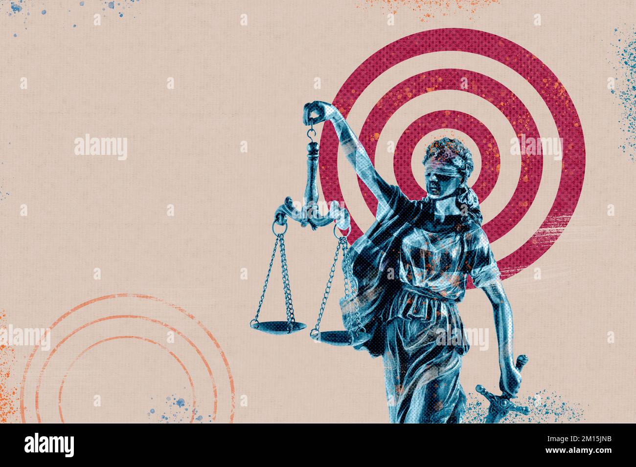 Statua composita collage contemporaneo di giustizia femida sullo sfondo Foto Stock