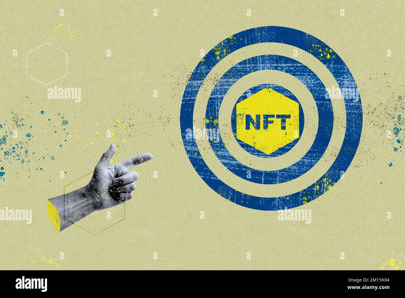 Puntatore del dito della mano del collage puntato sul bersaglio con NFT Foto Stock