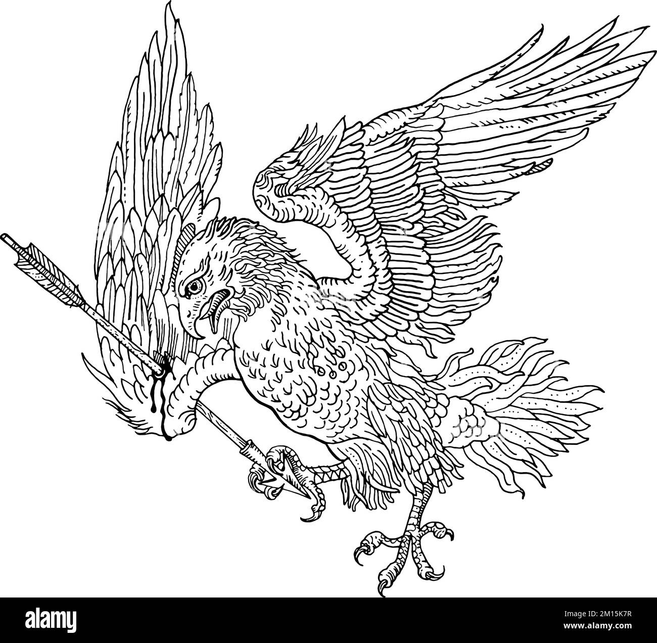 Aquila ferita con una freccia nella sua ala. Illustrazione in bianco e nero con penna a inchiostro stile incisione medievale. T-shirt, disegno tatuaggio, pagina da colorare. Caccia Illustrazione Vettoriale