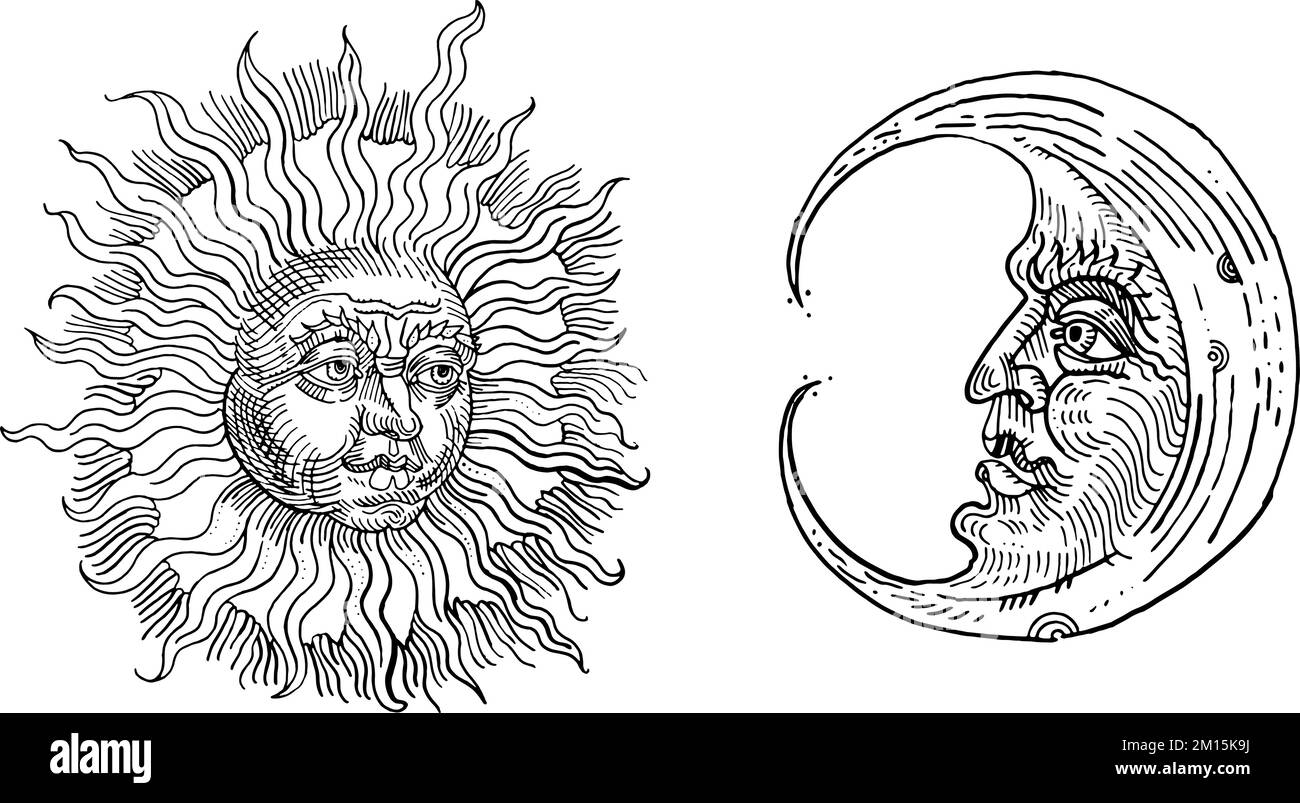 Sole e luna vintage. Illustrazione della penna d'inchiostro vintage medievale disegnata a mano. Antichi simboli astrologici. Design tatuaggio. Esoterico, occulto, Illustrazione Vettoriale