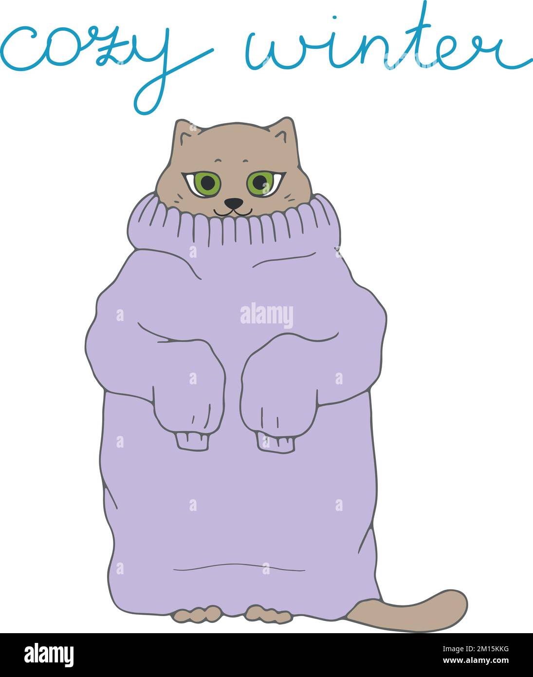 Carino gatto in caldo maglione viola isolato su sfondo bianco con frase disegnata a mano accogliente inverno. Tema invernale Illustrazione Vettoriale