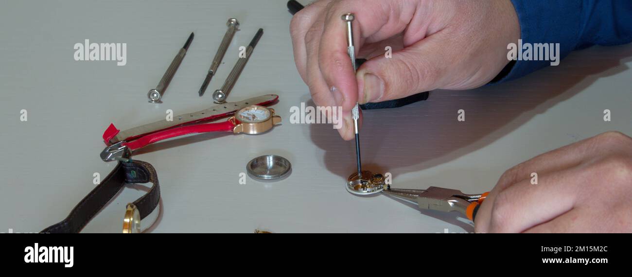 Immagine delle mani di un orafo che ripara un piccolo orologio da polso con gli strumenti del mestiere. Orologiaio al lavoro. Banner orizzontale Foto Stock