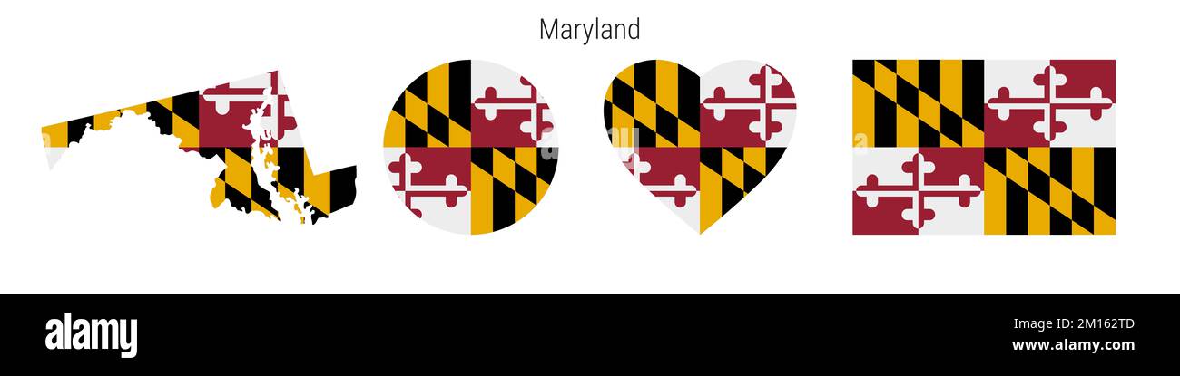 Icona della bandiera del Maryland impostata. Stato americano pennant in colori e proporzioni ufficiali. Rettangolare, a forma di mappa, circolare e a forma di cuore. Illustrazione piatta Foto Stock