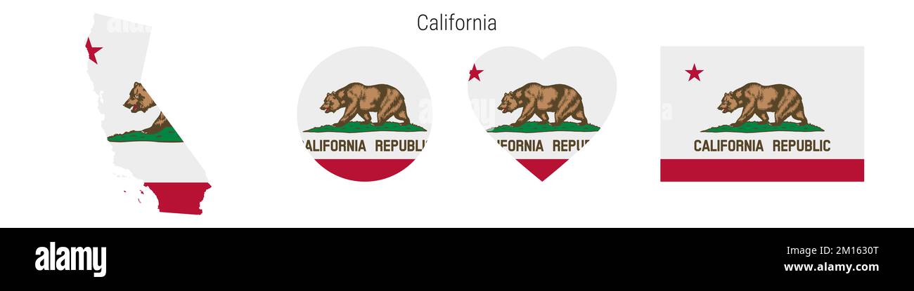 Icona della bandiera della California impostata. Stato americano pennant in colori e proporzioni ufficiali. Rettangolare, a forma di mappa, circolare e a forma di cuore. Appartamento illustrati Foto Stock