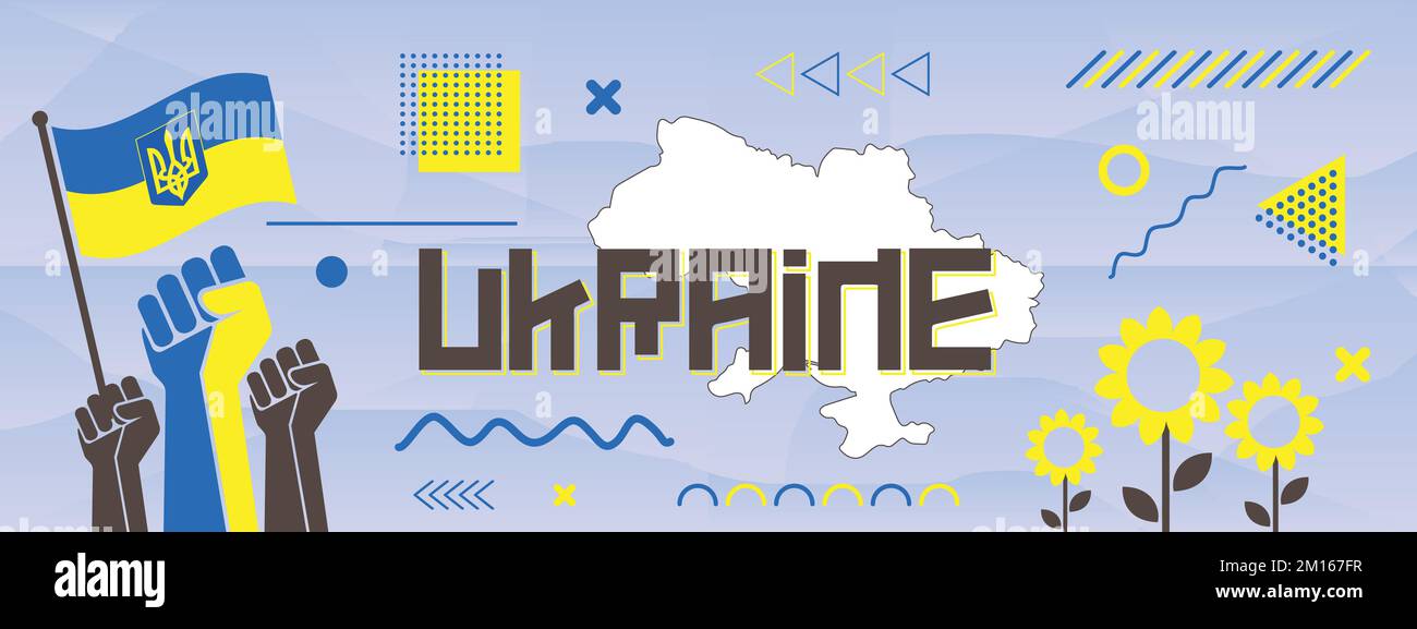 Ukraine Unity, Statehood e National Day banner per Independence Day in astratto design. Girasole, pugni rialzati e sfondo geometrico con Bandiera. Illustrazione Vettoriale