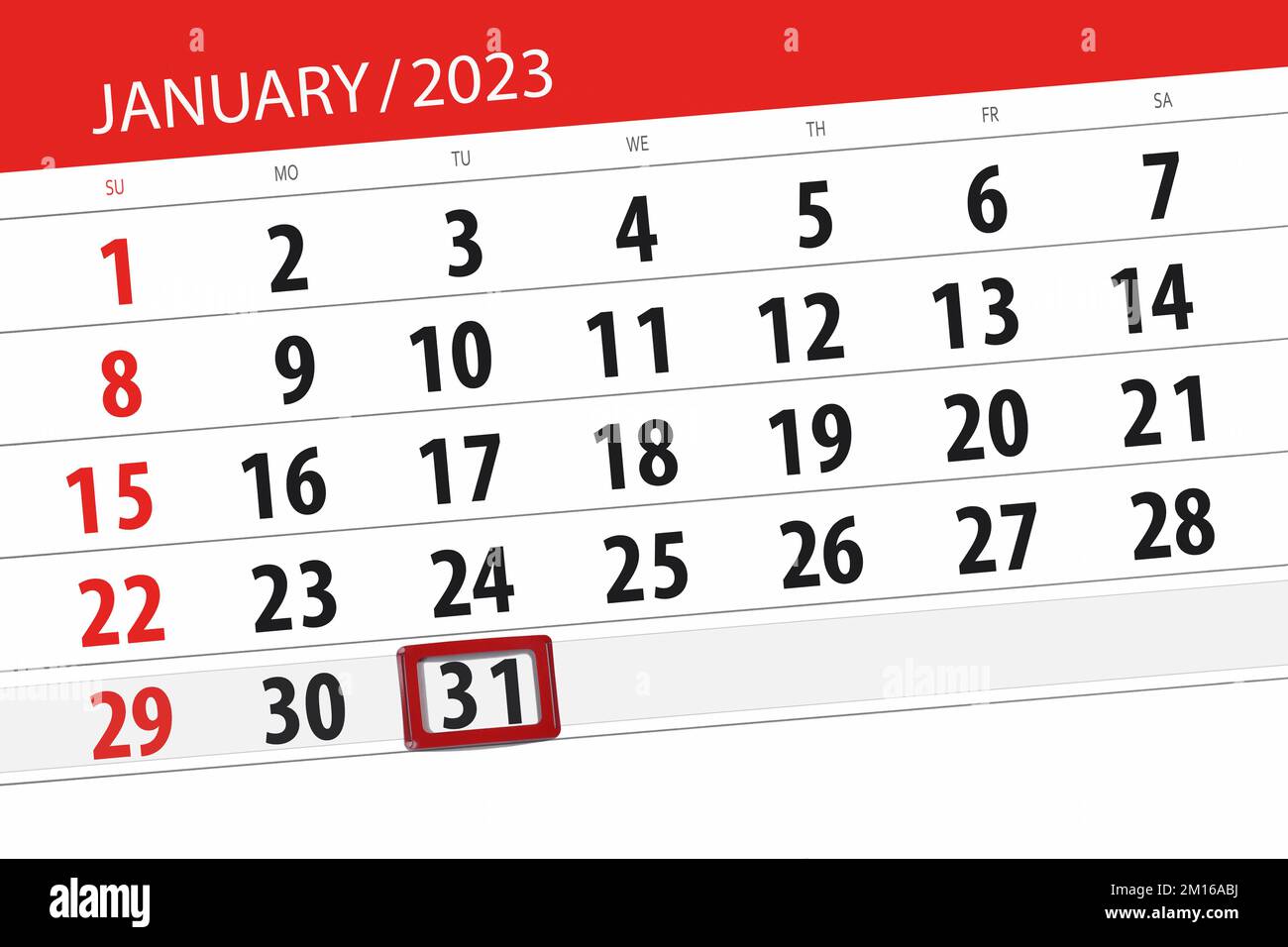 Calendario 2023, scadenza, giorno, mese, pagina, organizzatore, data, gennaio, martedì, numero 31. Foto Stock