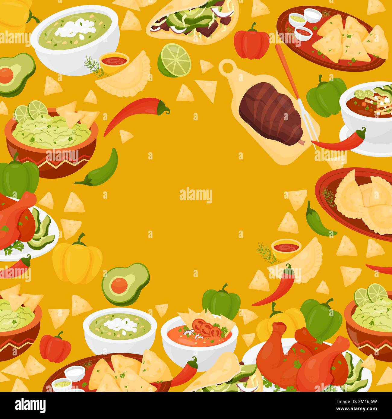Poster quadrato cibo messicano. Quesadilla, Tacos, guacamole con nachos, zuppa di pomodoro, Empanadas, Pollo Achiote messicano, coscia di maiale arrosto alla griglia Illustrazione Vettoriale Poster quadrato cibo messicano. Quesadilla, Tacos, guacamole con nachos, zuppa di pomodoro, Empanadas, Pollo Achiote messicano, coscia di maiale arrosto alla griglia Illustrazione Vettoriale