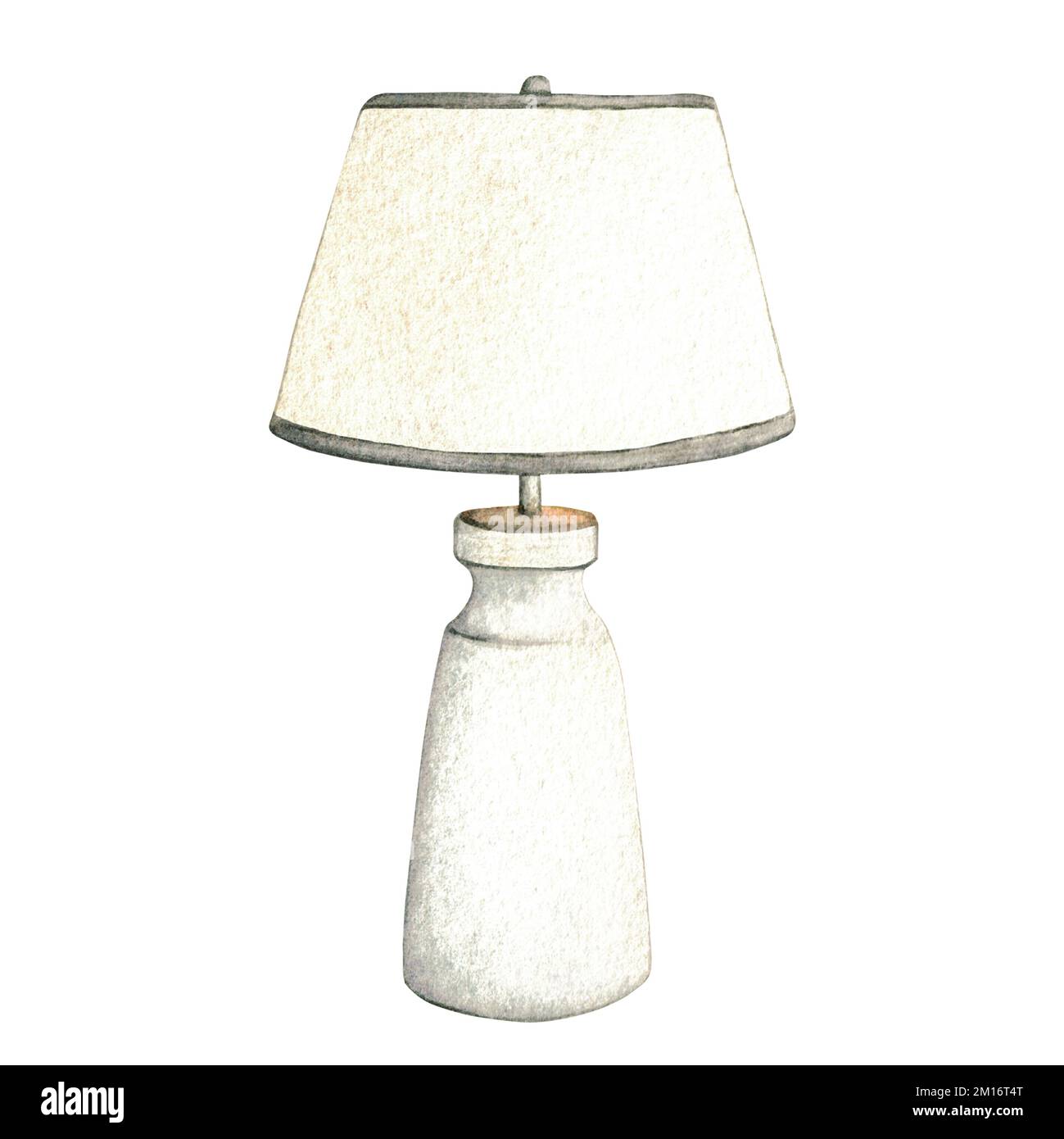 Lampada notturna. Acquerello interno del soggiorno con divano, cuscini, decorazioni. Clipart. Elementi di arredamento su sfondo bianco. Foto Stock