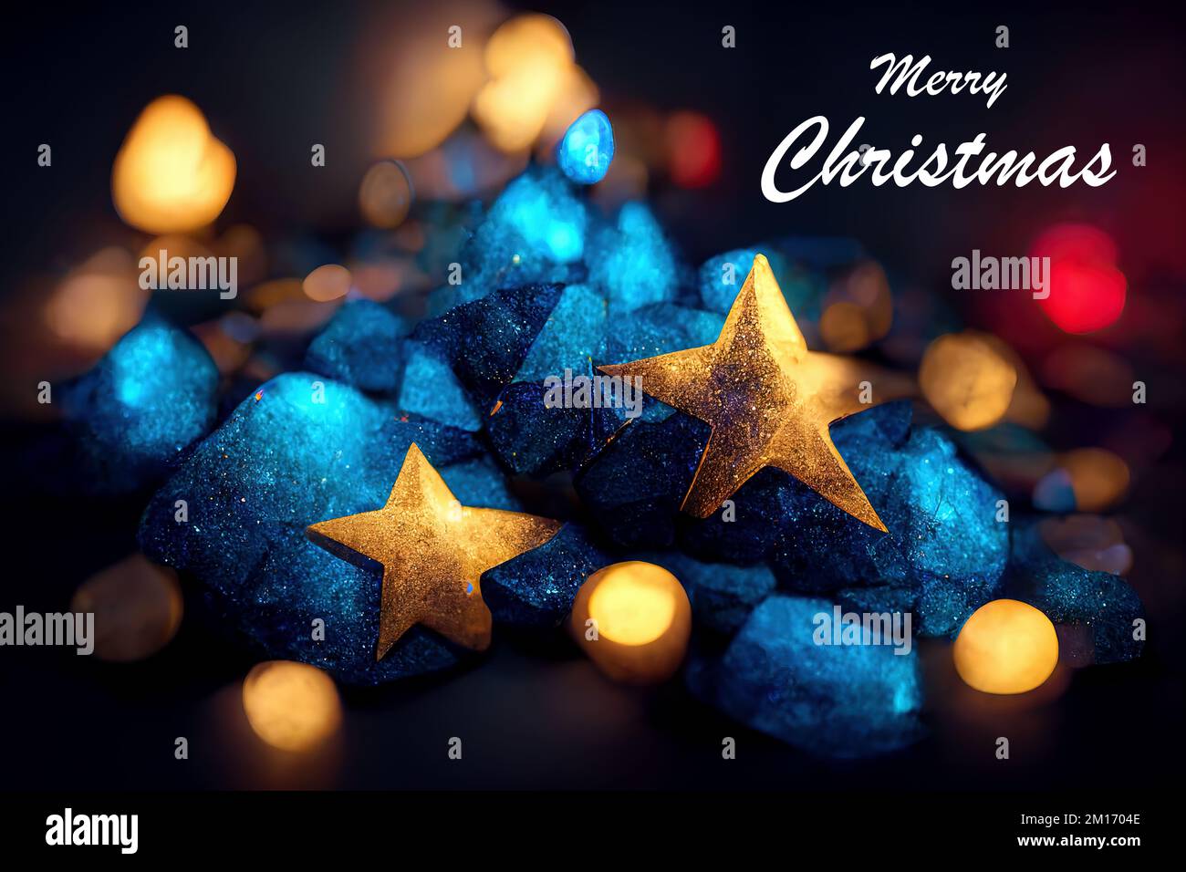 stelle dorate sulle pietre blu e le parole buon Natale Foto Stock