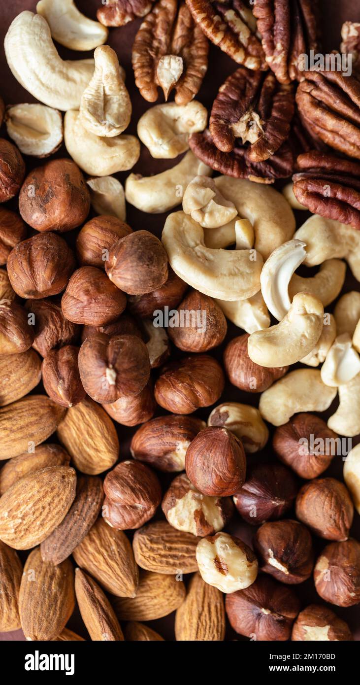 Vista dall'alto di mandorle, nocciole, anacardi e noci pecan. Foto Stock