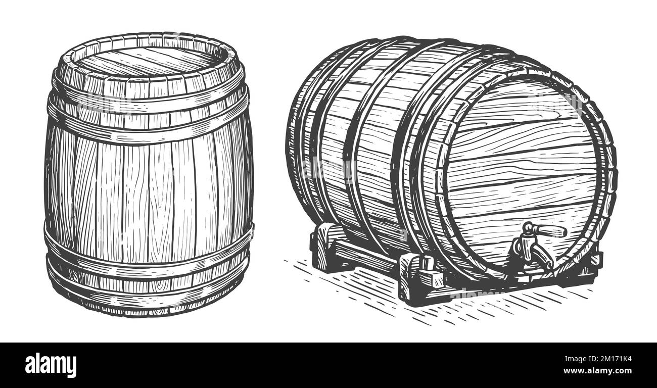 Botte o barile di legno per immagazzinare alcool. Illustrazione di schizzo disegnata a mano in stile di incisione vintage Foto Stock