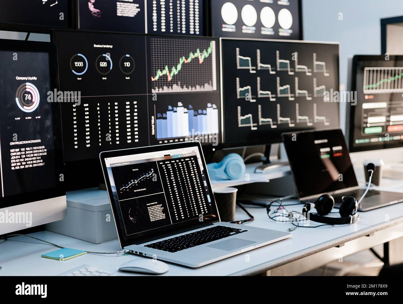Trading Workplace con monitor e laptop con grafici di borsa Foto Stock