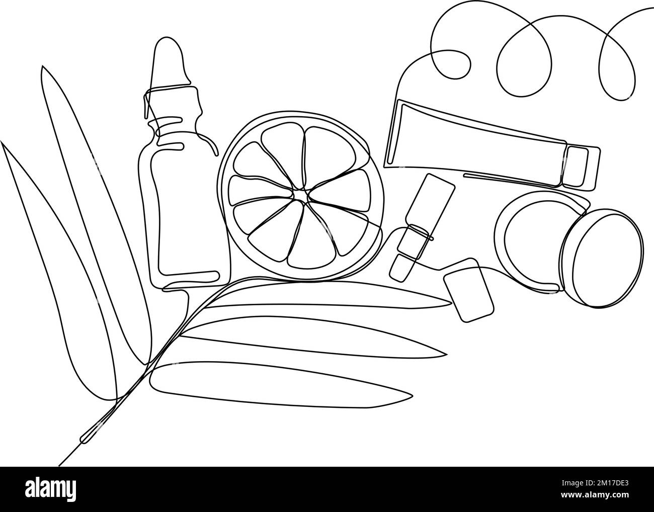 Disegno continuo di una linea di bottiglie con olio o miele o succo di limone o lime per lo scrubbing e la cura della pelle del corpo con prodotti naturali per la cura della pelle alle erbe, vista dall'alto degli ingredienti. Illustrazione vettoriale Illustrazione Vettoriale