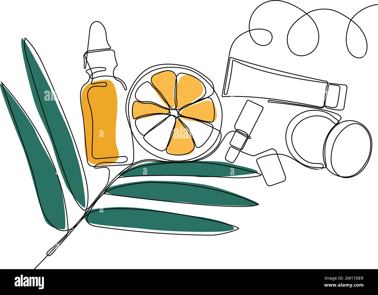 Disegno continuo di una linea di bottiglie con olio o miele o succo di limone o lime per lo scrubbing e la cura della pelle del corpo con prodotti naturali per la cura della pelle alle erbe, vista dall'alto degli ingredienti. Illustrazione vettoriale Illustrazione Vettoriale