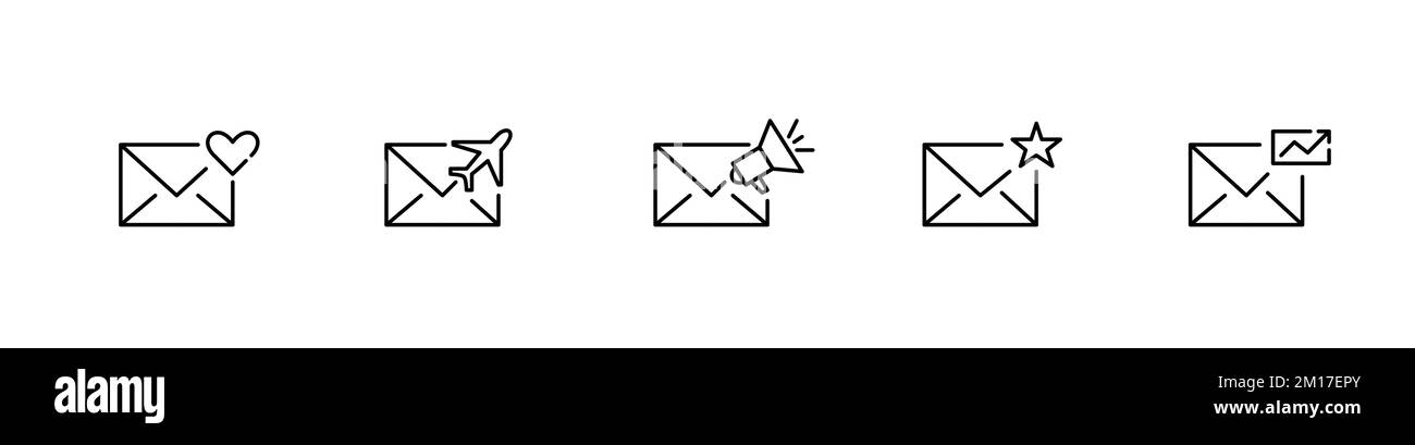 Set di 5 icone e-mail. Aggiungi ai preferiti, come, consegne internazionali, promozioni di marketing, statistiche. Pixel Perfect, modificabile Illustrazione Vettoriale Set di 5 icone e-mail. Aggiungi ai preferiti, come, consegne internazionali, promozioni di marketing, statistiche. Pixel Perfect, modificabile Illustrazione Vettoriale