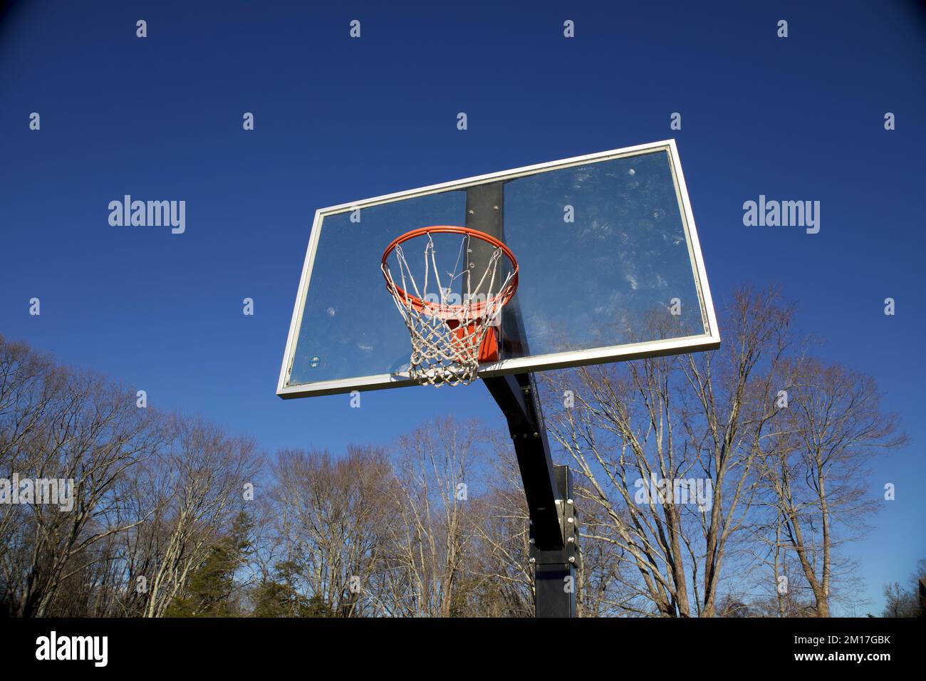 Guardando in su al cerchio di pallacanestro all'aperto con gli alberi nudi sullo sfondo in un parco giochi locale Foto Stock