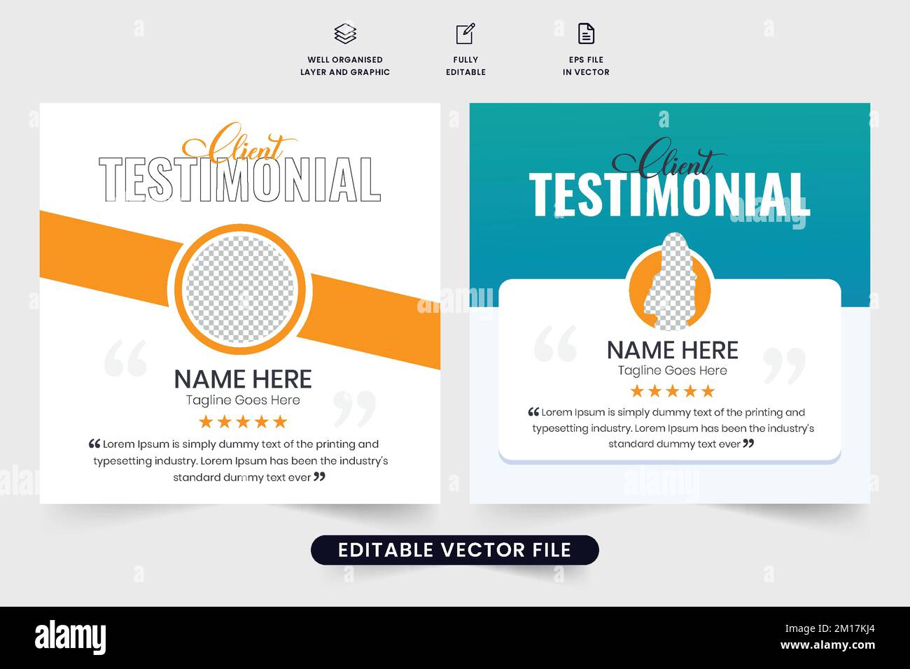 Cliente testimonial social media post design con forme creative per la promozione sito web. Vettore di layout di revisione e valutazione del servizio clienti con il simbolo giallo e. Illustrazione Vettoriale