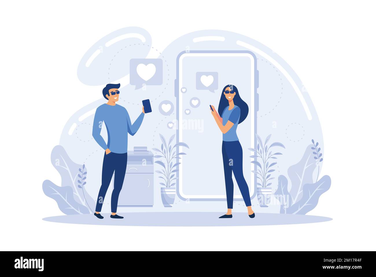 Uomo e donna utilizzando online dating app su smartphone e riunione a tavola, persone piccole. Data cieca, datazione di velocità, concetto di servizio di datazione online. piatto v Illustrazione Vettoriale