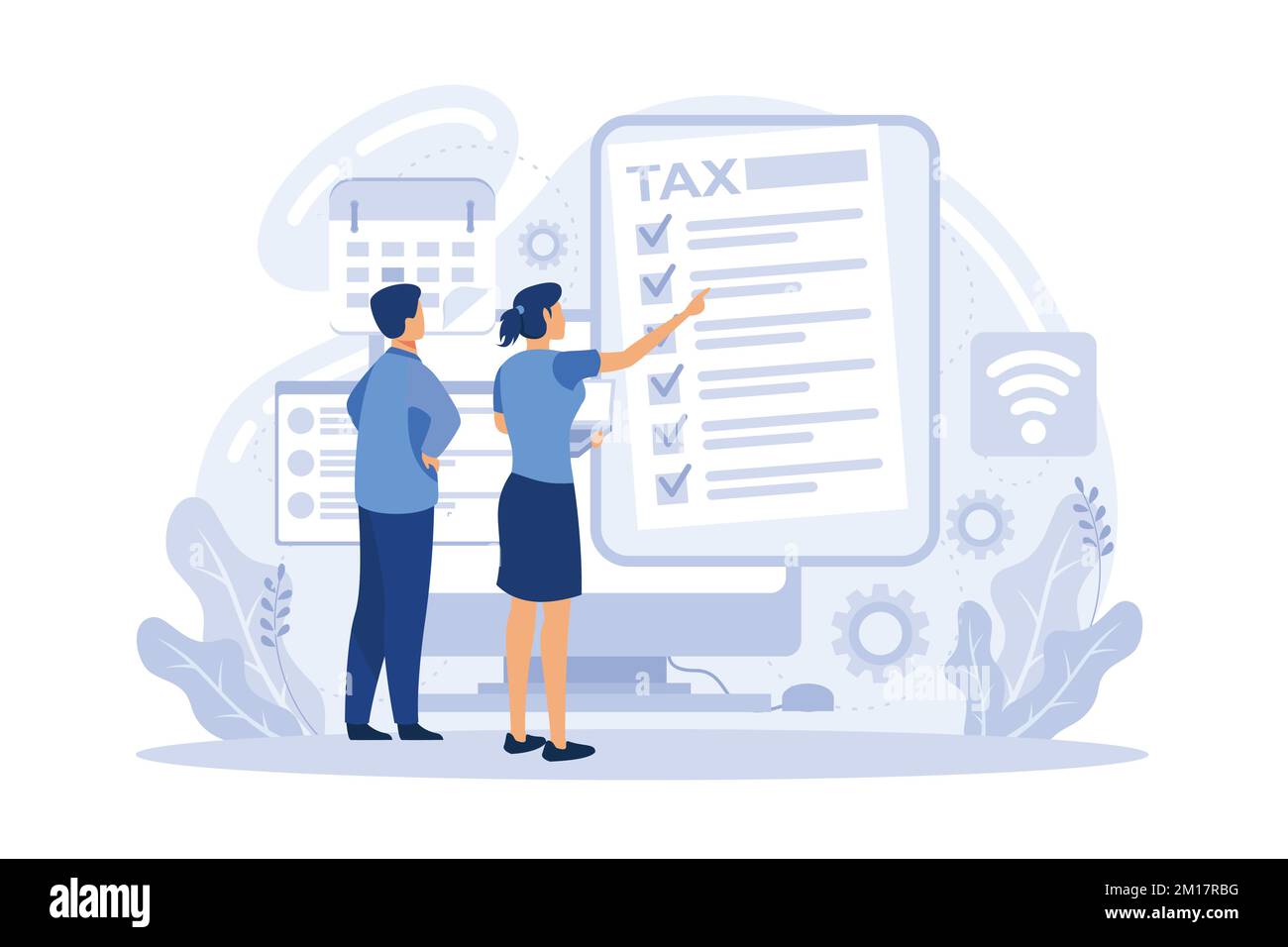 Programma software fiscale. Software di archiviazione delle imposte per desktop, app mobile e servizio online, conto economico, forma IRS, disegno vettoriale piatto moderno Illustrazione Vettoriale