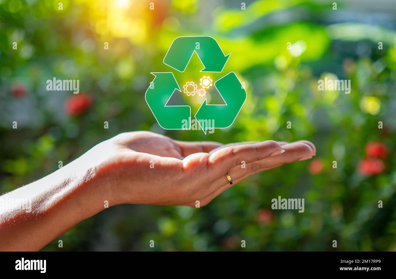 Primo piano della mano che tiene il simbolo verde di riciclo. Concetto di riciclaggio. Foto Stock