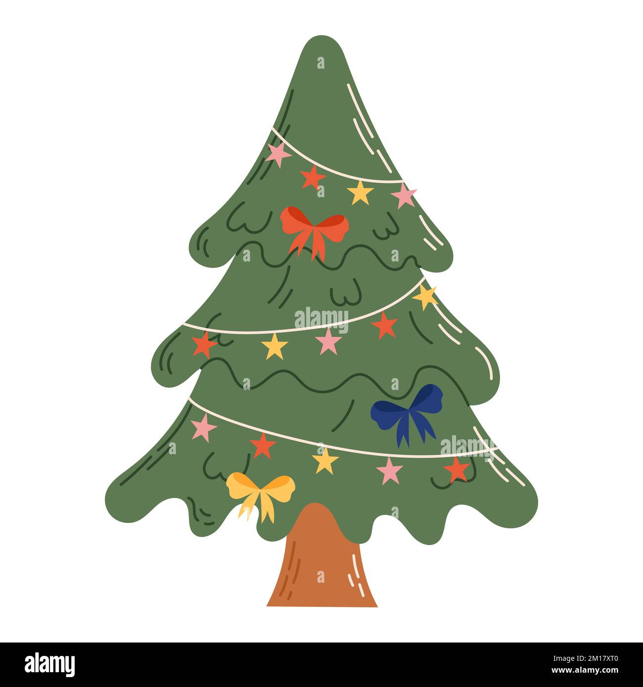 Albero di Natale con decorazioni. Concetto di celebrazione di Natale e Capodanno. Ideale per biglietti d'auguri, inviti, banner, web design. Illustrazione Vettoriale