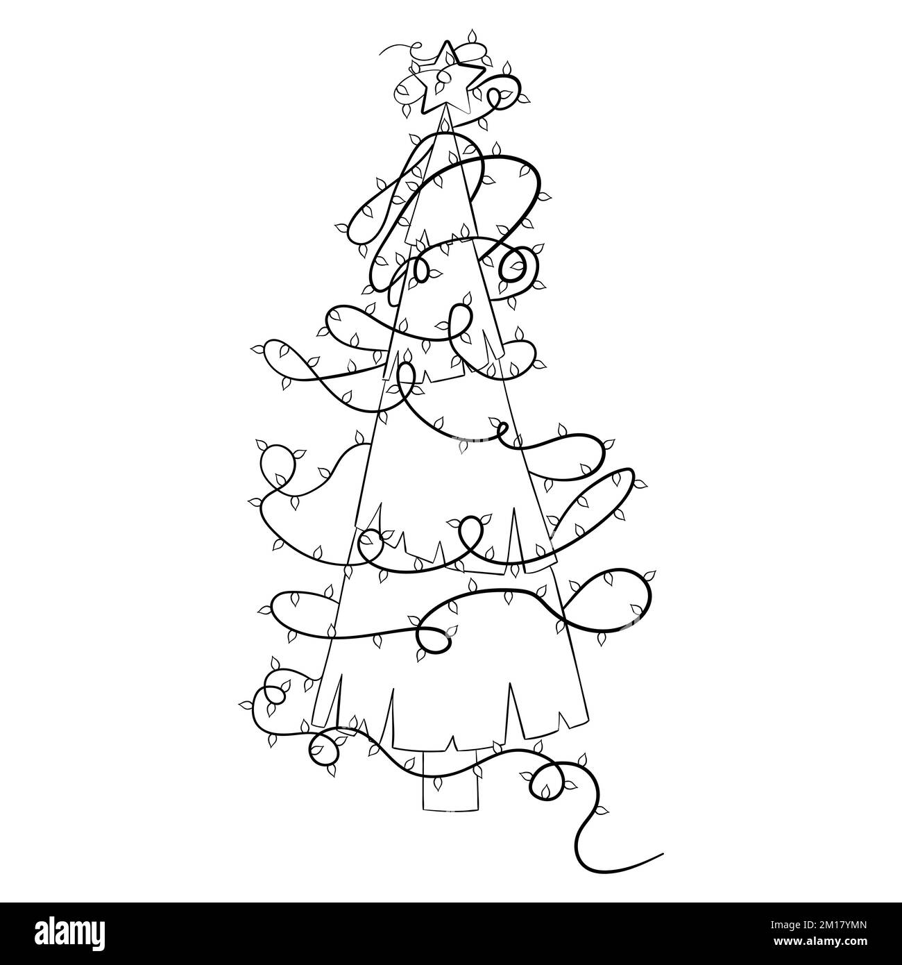 Cartone animato albero di Natale con luci di Natale per colorare il libro. Design lineare per libri da colorare per bambini. Illustrazione Vettoriale