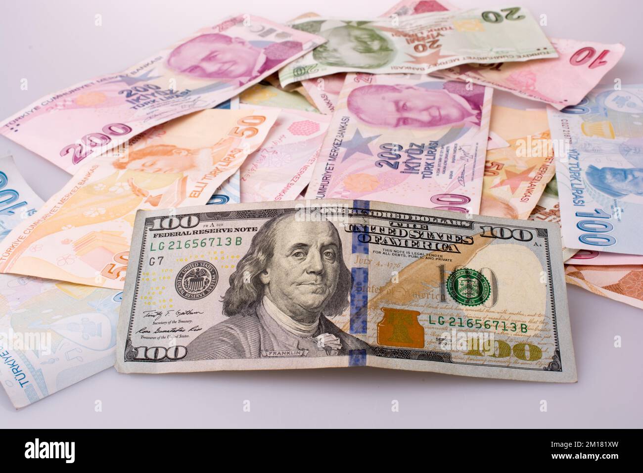 Dollaro americano di banconote e Lira Turksh banconote affiancati su sfondo bianco Foto Stock