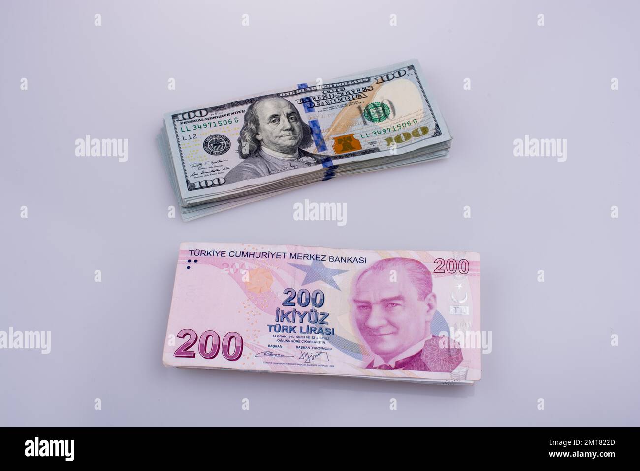 Dollaro americano di banconote e Lira Turksh banconote affiancati su sfondo bianco Foto Stock