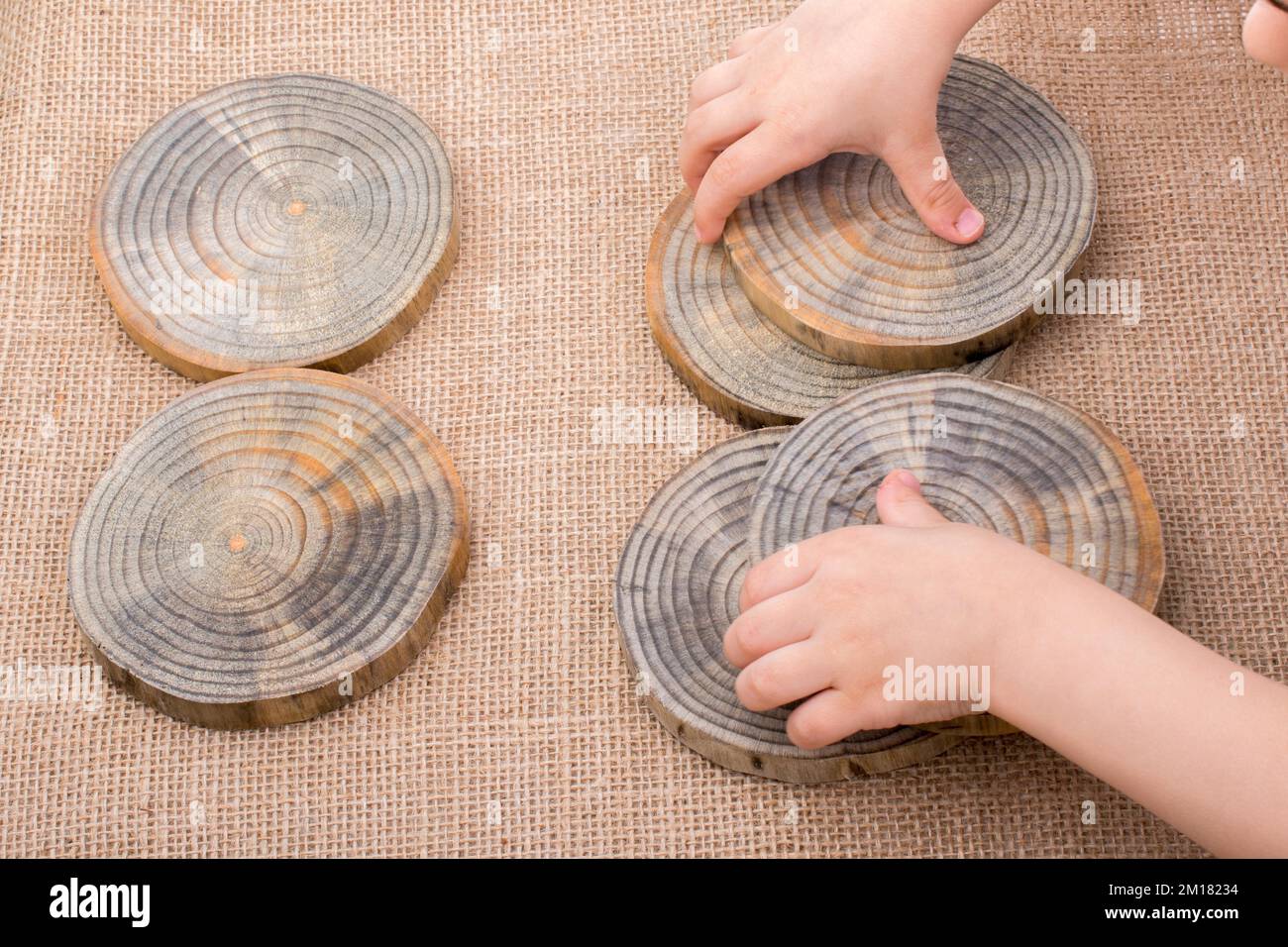 Legno tagliato nel round sottili pezzi in mano Foto Stock