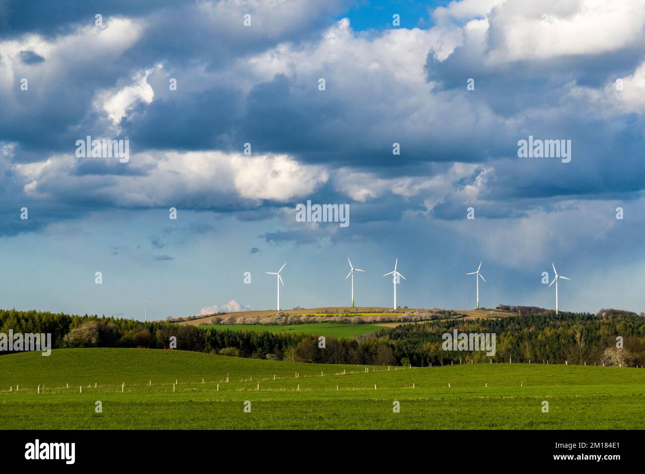 Paesaggio agricolo con centrali eoliche, alberi, campi verdi e cielo azzurro nuvoloso Foto Stock