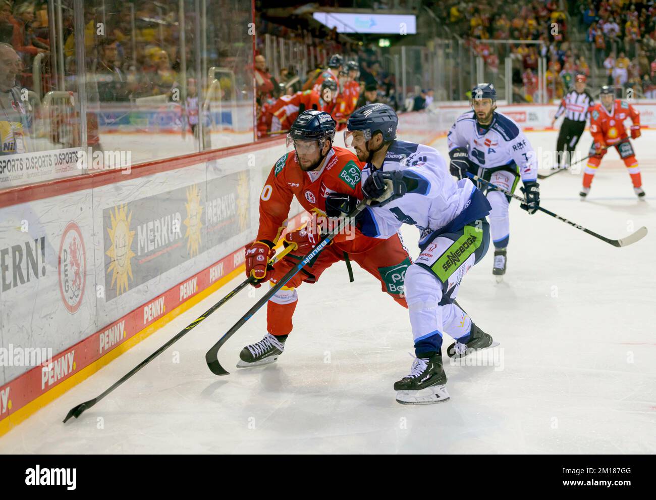 Da sinistra a destra Tobias EDER (DEG), Benedikt KOHL, Taylor LEIER, (Str) duelli, azione, Hockey su ghiaccio 1st Bundesliga, DEL matchday 28, Duesseldorfer EG (DEG) - Straubing Tigers (Str) 1: 4, il 9th dicembre 2022 a Dusseldorf/Germania. Foto Stock