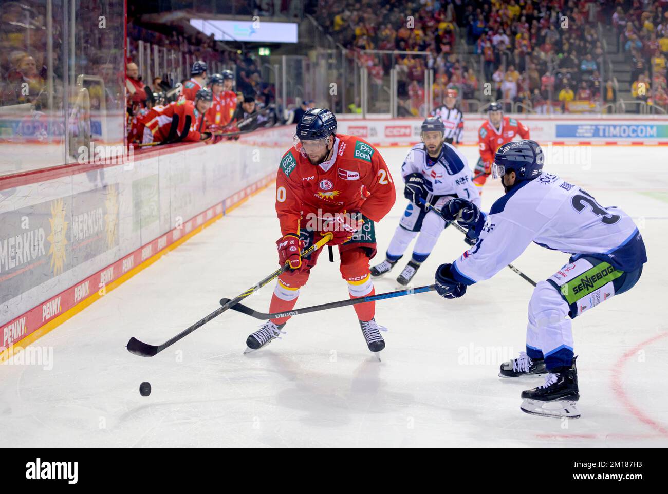 Da sinistra a destra Tobias EDER (DEG), Taylor LEIER, Benedikt KOHL (Str) duelli, azione, hockey su ghiaccio 1st Bundesliga, DEL matchday 28, Duesseldorfer EG (DEG) - Straubing Tigers (Str) 1: 4, il 9th dicembre 2022 a Dusseldorf/Germania. Foto Stock